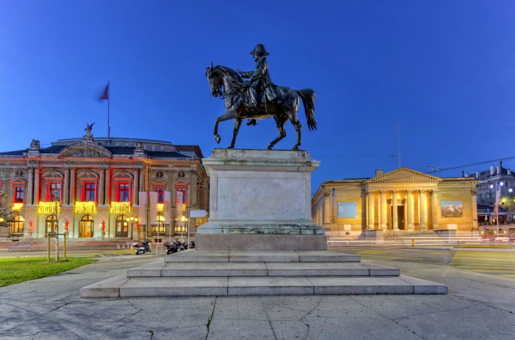 Place de Neuve et le Grand Théâtre la nuit à Genève