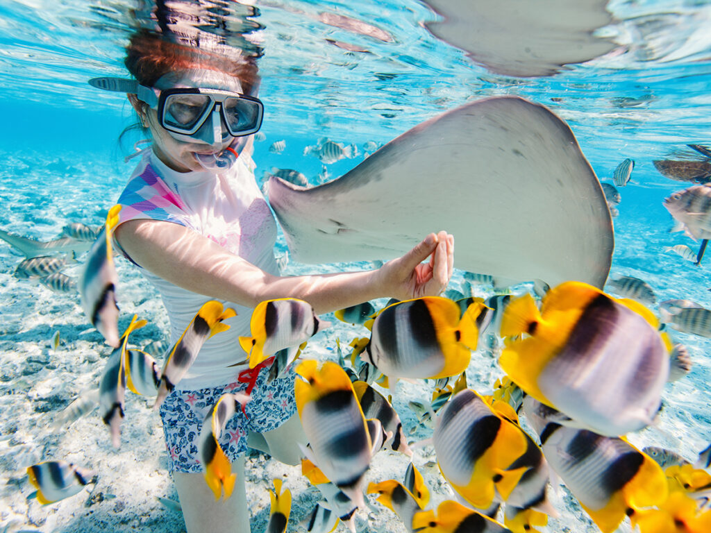 Mujer observando los peces mientras realiza snorkel